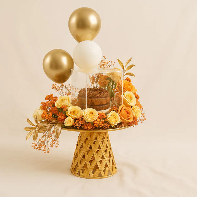 Golden Flowers n Cake Masterpiece – Celebration Combo