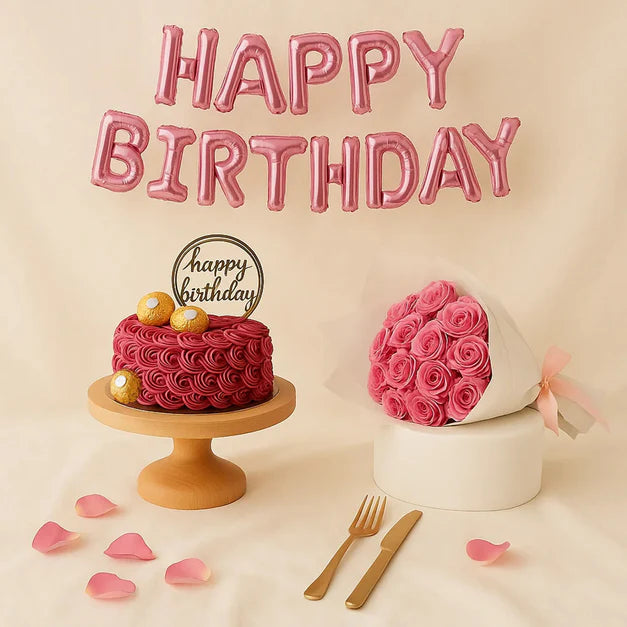 Luxury Birthday Celebration Set – Flowers, Cake & Balloon Decor