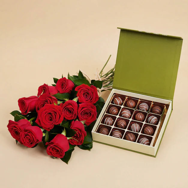 Hand-Tied Red Roses n Chocolate Truffles