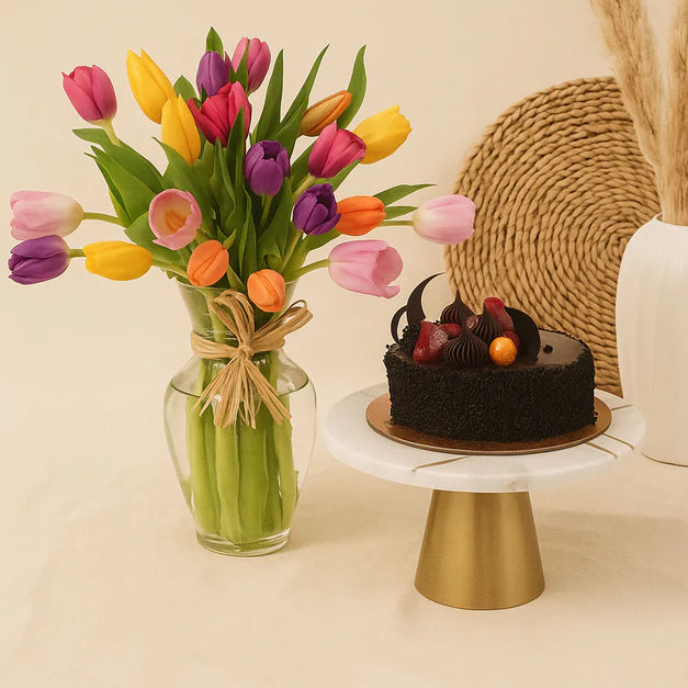 Colorful Tulip Vase n Chocolate Cake