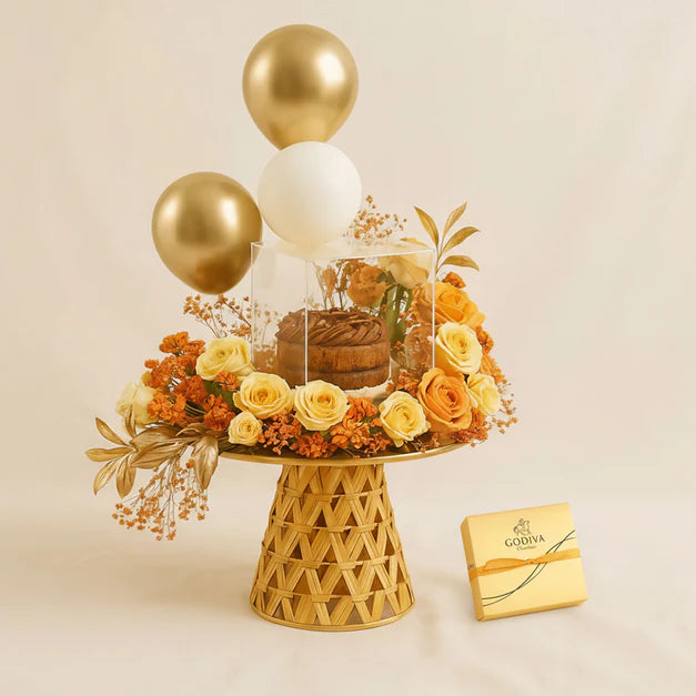 Golden Flowers n Cake Masterpiece – Celebration Combo
